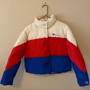 champion jacket red white blue